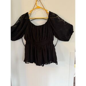 Grace Karin Peasant Style Top Sz XL Black Lacy Lined Sheer Balloon Sleeves Boho